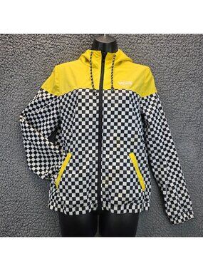 Vans Checkered Windbreaker Jacket XS Black Yellow Hooded Skater Y2K Streetwear